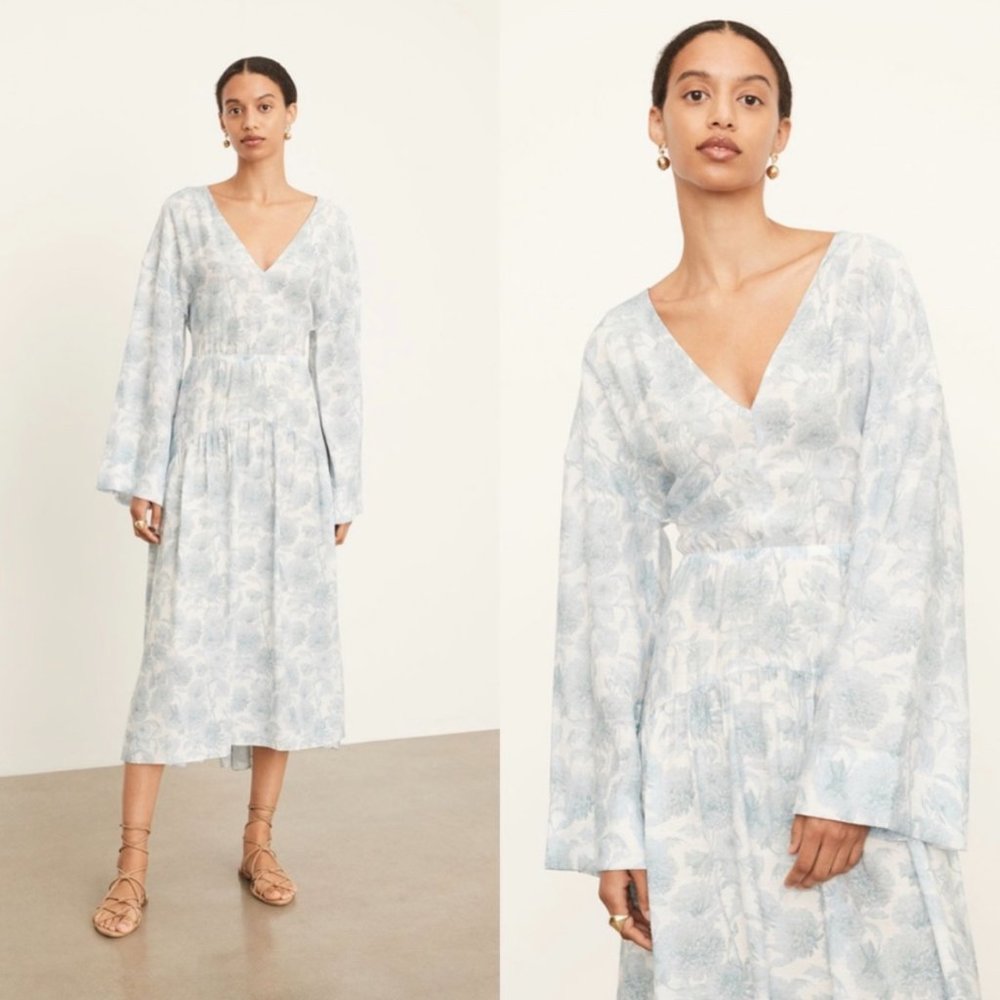 VINCE Dahlia Long Sleeve Double V Neck Dress XS